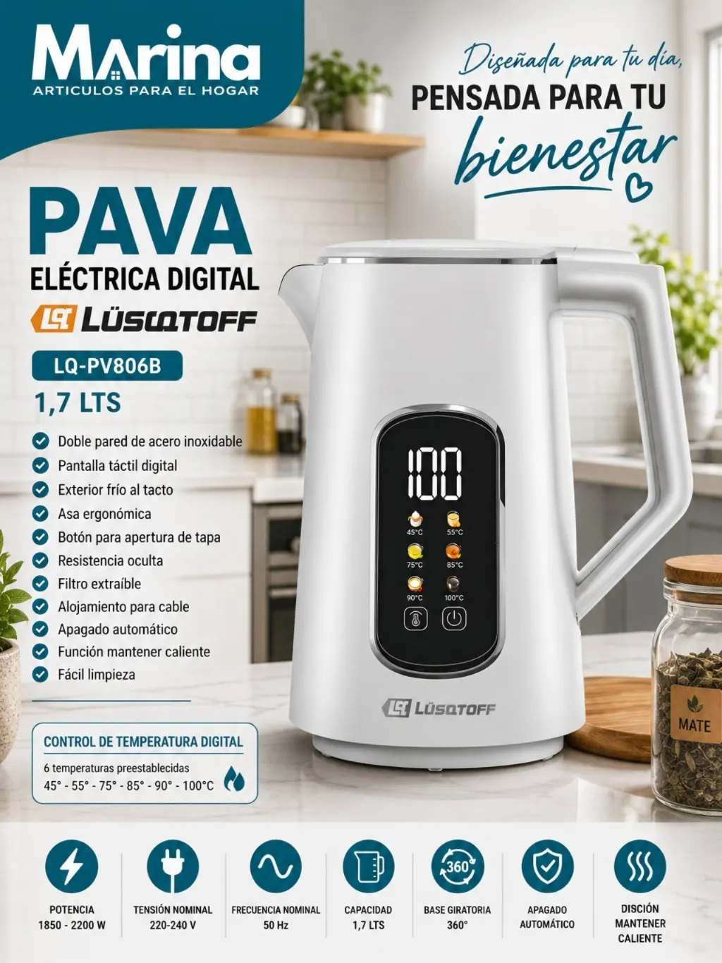 Pava Electrica Digital LQ PV806B 1.7 L